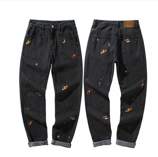 

hip hip streetwear vintage denim pants 2021 men embroidery denim pants cotton joggers trousers jeans, Blue