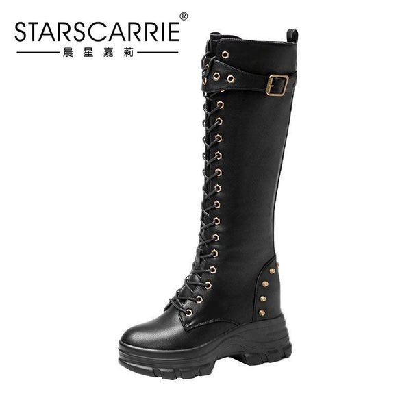 

autumn and winter plush fur martin boots women's thick bottom lace up high leather boots korean rivet women's shoes, Black