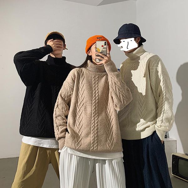 

men's sweaters autumn and winter sweater korean fashion loose turtleneck hong kong style solid color thick lazy couple top, White;black