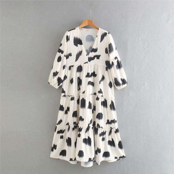 

new fashion v-neck 3 winter 2020 4 sleeve ink print medium length dress for women, Black;gray
