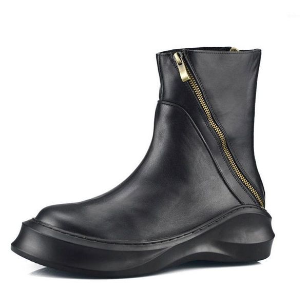 

retro european new fashion winter zipper mens boots round toe genuine leather mid heel male shoes footwear thick heel plus size1, Black
