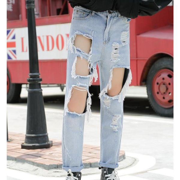 

spring and autumn new light color denim nine pants big hole hole tide men's pants hip hop knee hole pants large size male blue q0105, Black;white