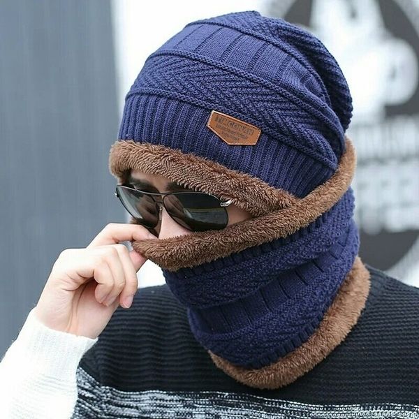 

wholesale dropshipping women's knitted hat scarf caps neck warmer winter hats for men women skullies beanies warm fleece cap gift t2001, Blue;gray