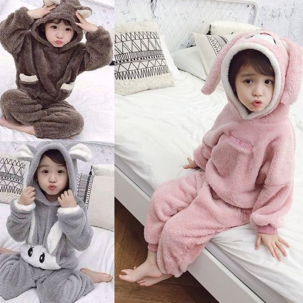 

2020 boys spring coral velvet home wear little girls autumn and winter flannel pajamas children's set, White