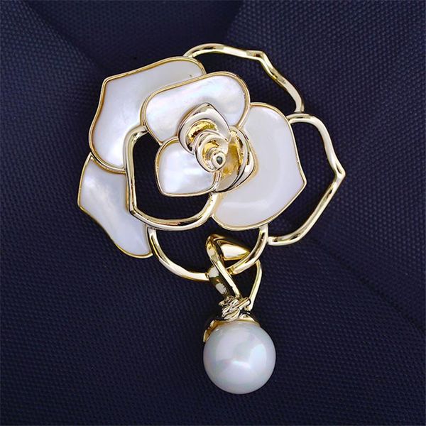 

pins, brooches okily luxury shell flowers pin for women fashion camellia with pearl jewelry coat accessories brooch year gift 2021, Gray