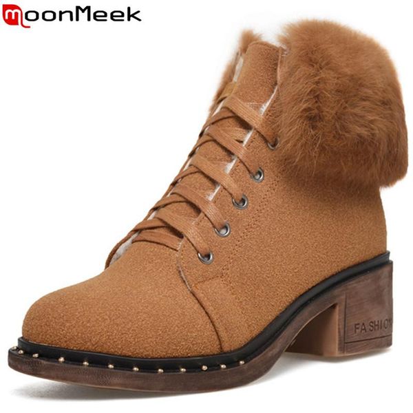 

boots moonmeek big size 34-43 fashion ankle for women round toe autumn winter square heels fur lace up 2021, Black