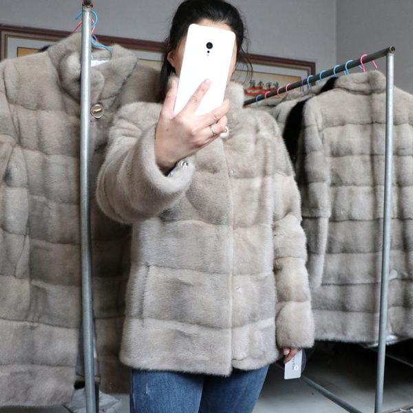 

women's fur & faux long sleeved natural true mink coat short style winter fashion for women, Black
