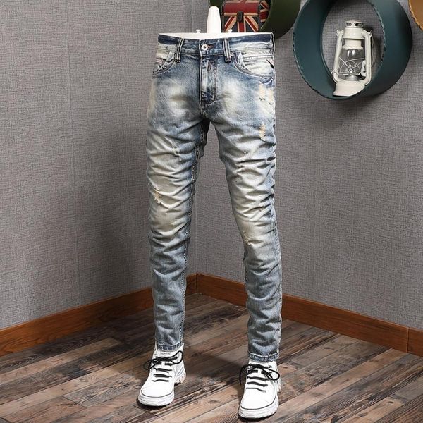 

italian style fashion men jeans retro wash slim fit ripped cotton denim trousers streetwear vintage designer pants, Blue