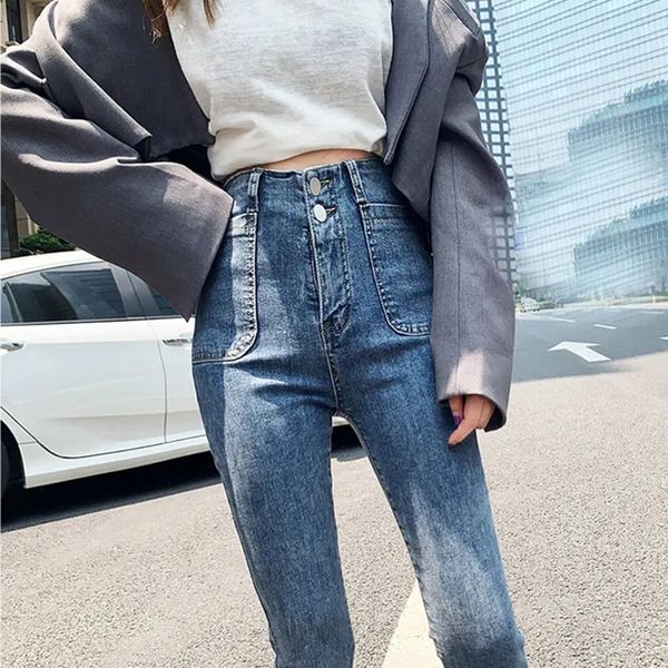 Корейская винтажная высокая талия эластичные джинсы женские джинсы женские стритюва плотно джинсовые прямые ноги лодыжки брюки тонкий карандашные брюки 210203