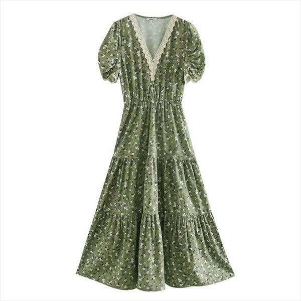 

2020 women lace crochet v neck printing split midi dress ladies pleated puff sleeve vestidos chic vacation style dresses ds3455, Black;gray