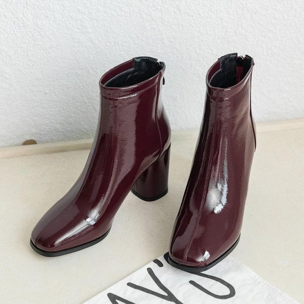 

boots 2021 women fashion patent leather square toe high heel ankle autumn women's winter zipper woman black rosy red
