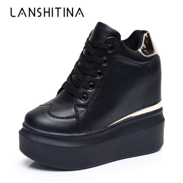 

women high platform shoes autumn breathable leather casual shoes height increasing shoes 12 cm thick sole ladies sneakers 201201, Black