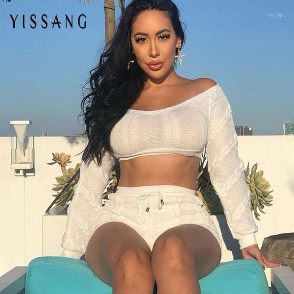 

yissang knitted sweater two piece women sets off shoulder long crop and short pants suit set 2 piece set summer clothes1, Gray