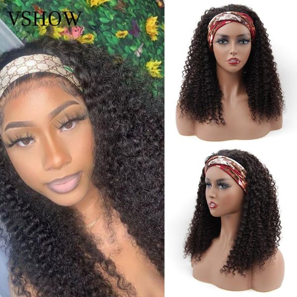 

lace wigs vshow hair 32 inch kinky curly headband remy brazilian scarf human for black women no glue sew in, Black;brown