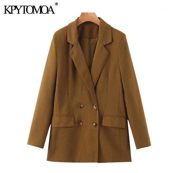 

kpytomoa women 2020 fashion office wear double breasted blazers coat vintage long sleeve pockets female outerwear chic 1, White;black