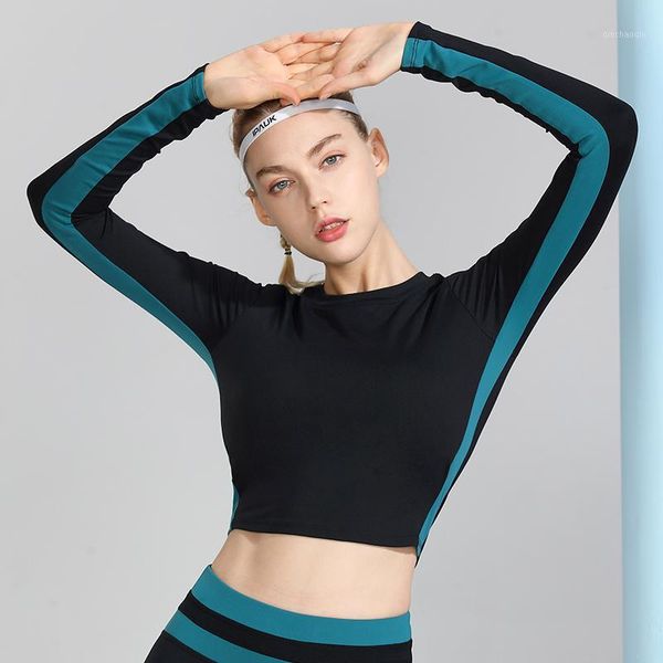 

outdoor t-shirts women sport tee color block round neck long sleeves wireless removable pads shirt quick dry daily running yoga, Gray;blue