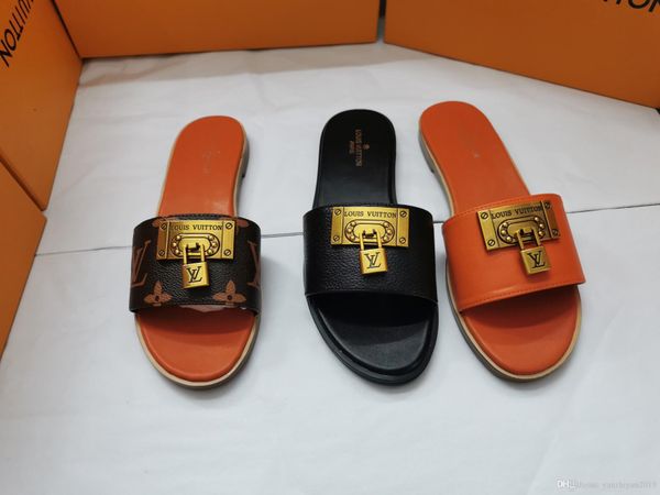 

womens slippers ladies white leather sandals with metal lock designer red brown sandal summer beach shoes party shoes size 35-42, Black