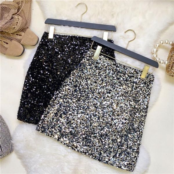 

high waist heavy industry sequins small a package hip skirt women1, Black
