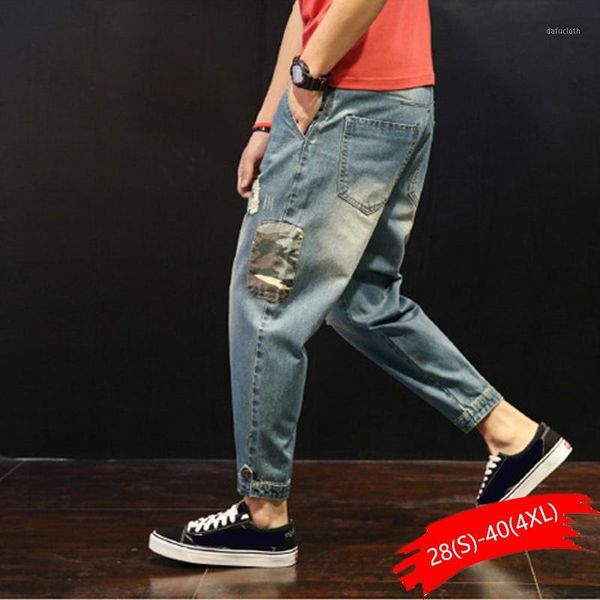 

fashion patchwork ripped men's jeans boys loose casual holes ankle-length harem pants jeans trousers large size 28-421, Blue