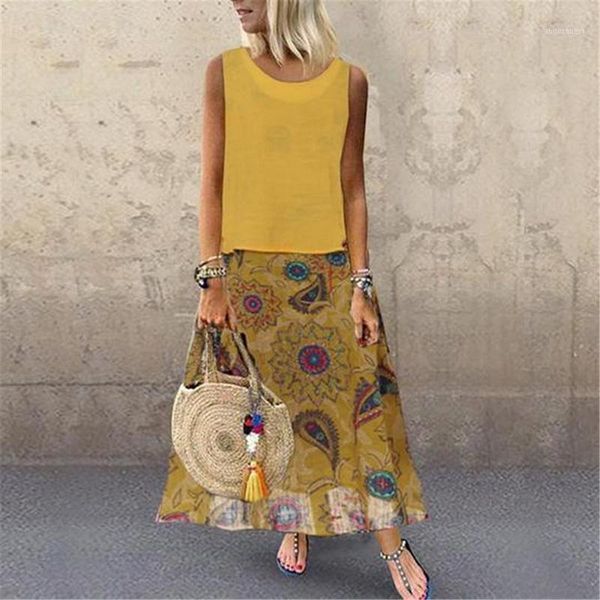 

summer vintage floral printed patchwork dress 2020 women party sundress casual sleeveless long maxi vestido femme robe1, Black;gray