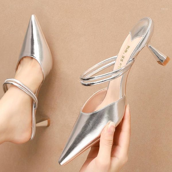 

dress shoes 2021 summer size 34-40 women 6.5cm high heels low silver soft leather stripper scarpins sandals lady party muller shoes1, Black