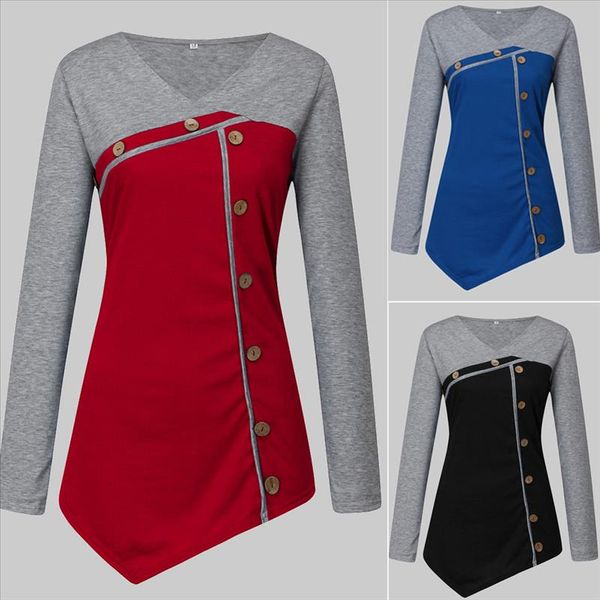 

женщины v шеи туника tops осень с длинным рукавом цвет блокировки асимметричные конические вершины и блузка roupa feminina chemisier femme, White