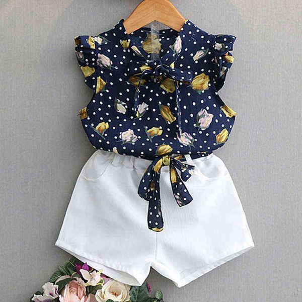 

girls set baby summer clothes new sleeveless leaf polka dot bow + shorts 2 piece set children clothes girl g220217, White