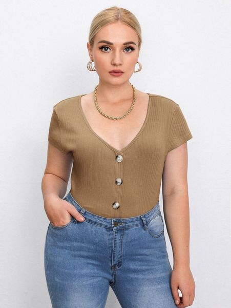 

plus solid button front tee t0k7#, Black