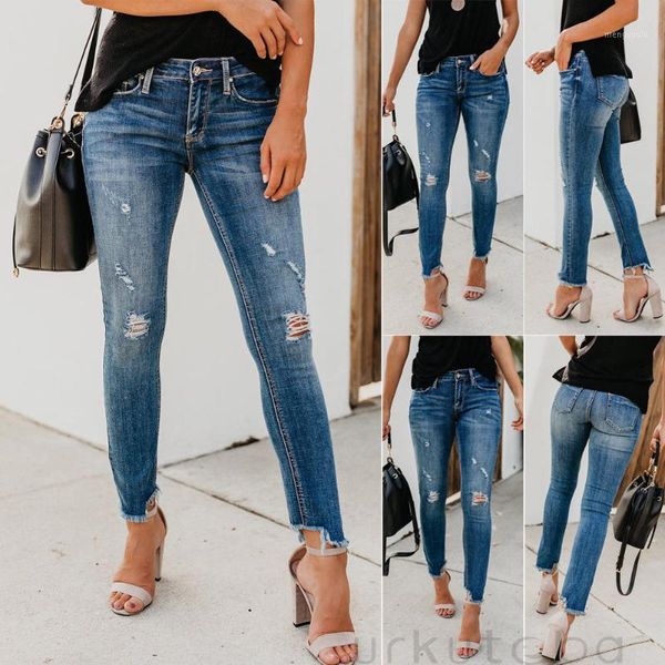 

2020 latest women's elastic old style skinny high waist jeans broken jeans pants casual fashion plus size1, Blue