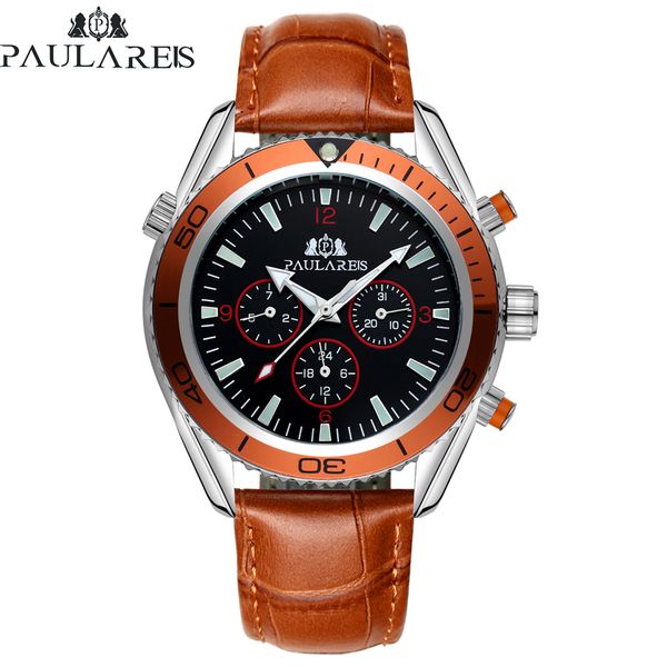 

automatic self wind mechanical orange blue black leather rubber stainless steel strap classic men watch 201113, Slivery;brown