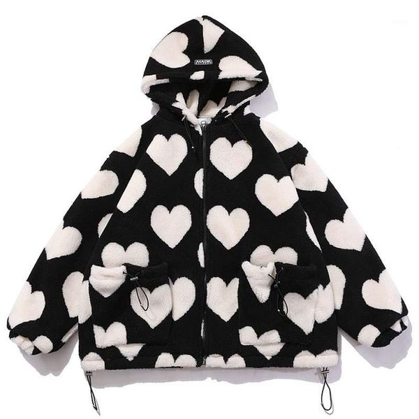 

mens heart-shaped print lambswool winter jacket men drawstring pockets zipper hooded warm couple streetwear fleece woolen parka1, Black