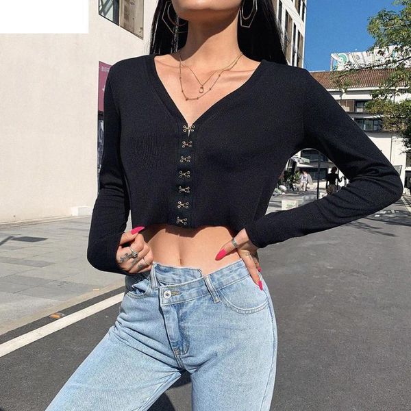 

autumn black v-neck knitting crop metal buckle design elegant slim t-shirts 2019 winter harajuku casual stretch tees1, White