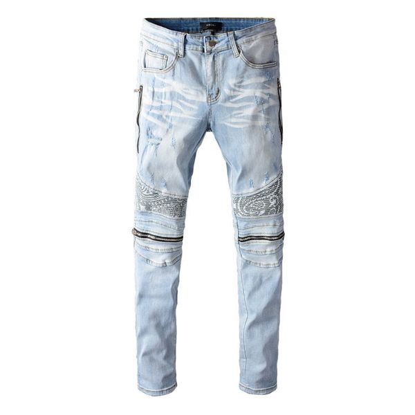 

mens jeans #641 distressed motorcycle biker jeans slim ripped hole stripe famous denim men pants jeans, Blue