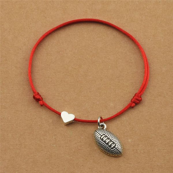 

sports handmade red cord rope heart charm rugby football pendant bracelets adjustable for rugby player fans team gifts, Golden;silver