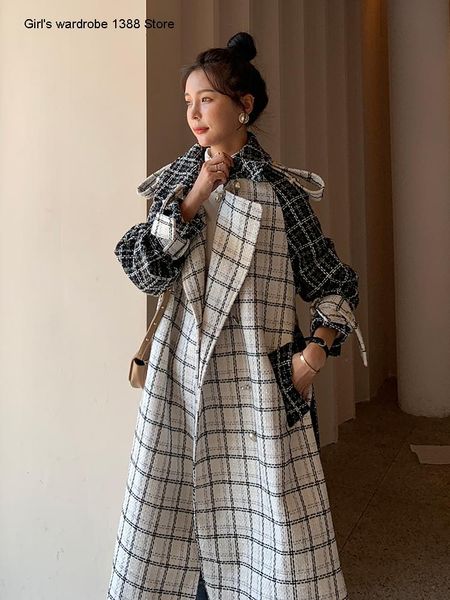 

women's wool & blends plaid coat middle and long style 2021 autumn winter wear korean loose temperament student's woolen, Black