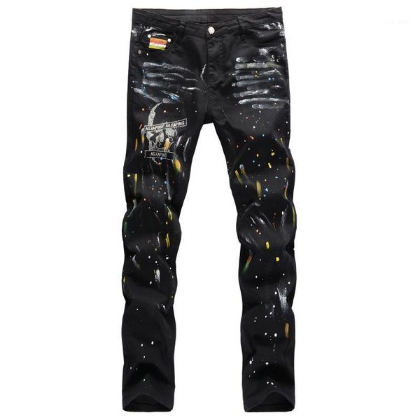 

men's jeans trousers european american street hip-hop style hand-painted cat whiskers splash ink color paint skull straight pants1, Blue