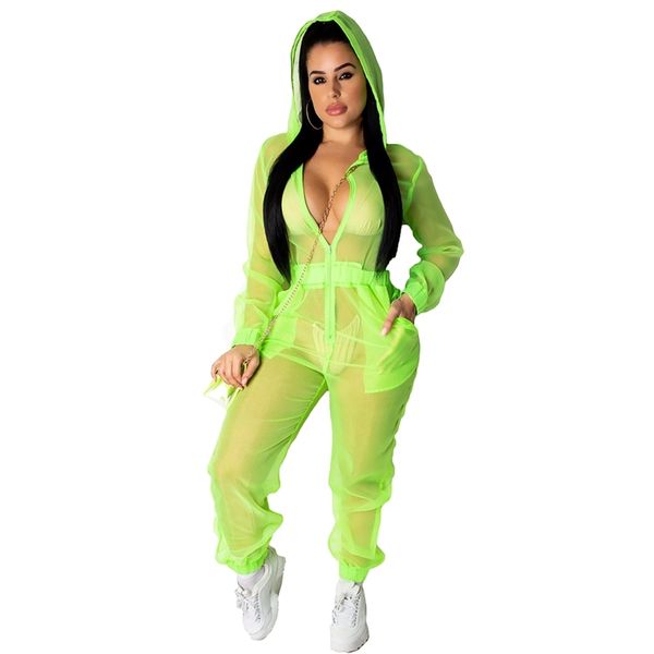 

liooil neon green orange mesh sheer jumpsuits for women club one piece outfit loose hooded see through party jumpsuit y200422, Black;white