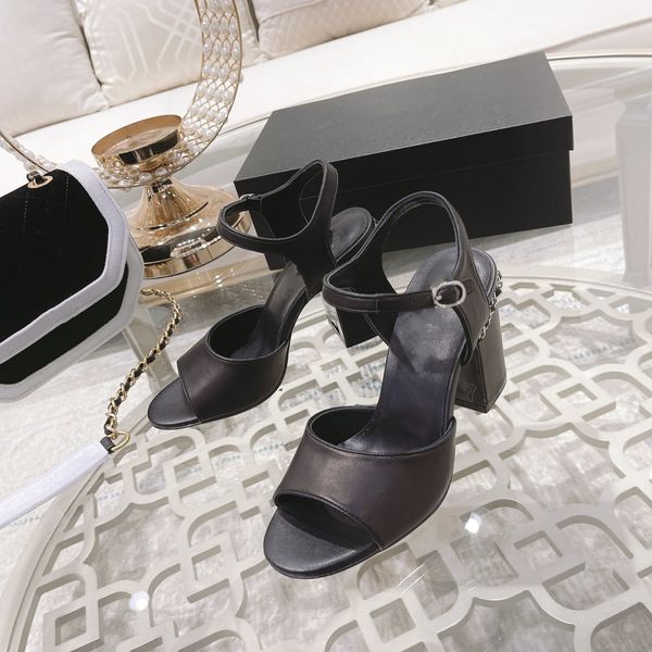

sandals women gold-plated chain around the sole the latest spring summer catwalk cool boots ladies elegant lace-up rivets chunky heels buckl, Black