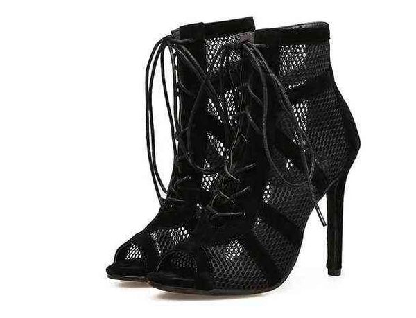 Sapatos de vestido Moda Basic Sandálias Botas Mulheres Bombas Salto Alto Bombas Sexy Hollow Out Mesh Lace-up Festa Cross-Tied 35-43 220303