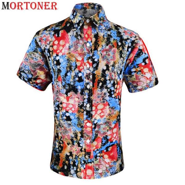 

men's casual shirts stylish floral print cotton linen men short sleeve loose hawaiian mens holiday beach clothing chemise homme, White;black