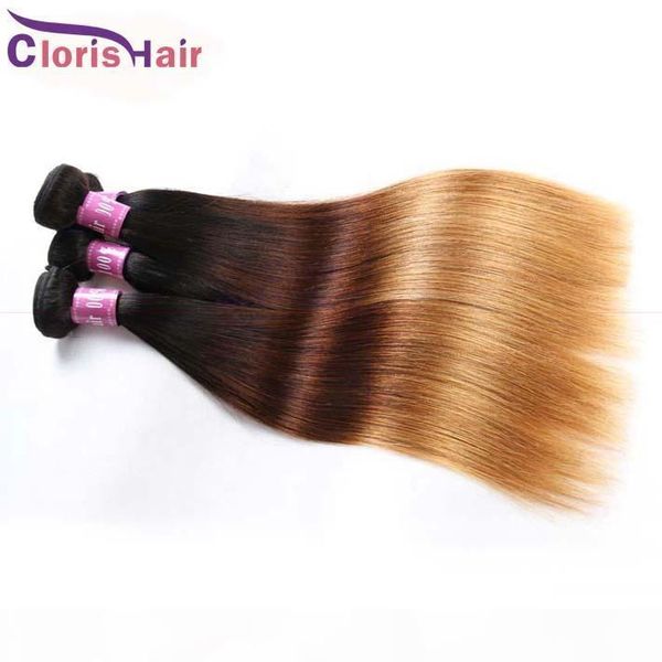 

highlight brown blonde ombre straight peruvian hair 3 bundles colored 1b 4 27 virgin human hair weave bulk three tone extensions, Black