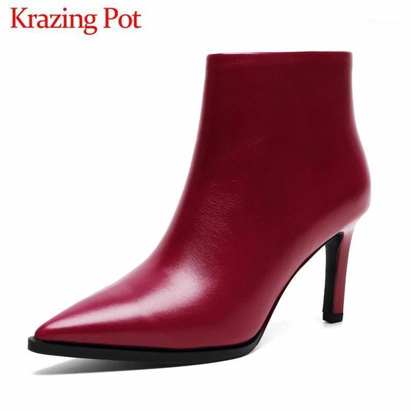 

krazing pot noble mature pointed toe genuine leather boots stiletto high heels basic winter wedding daily wear ankle boots l311, Black