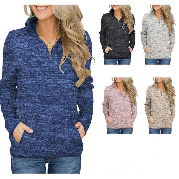 

women's hoodies & sweatshirts long sleeve stand collar zip sweatshirt hooded female jumper women tracksuits quarter zipper casual pocke, Black