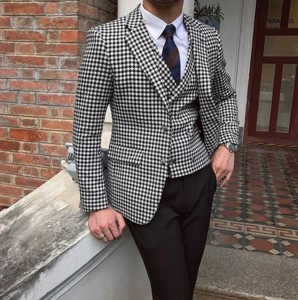 

men's suits & blazers for wedding houndstooth double breasted vest trousers prom tuxedos (blazer+vest+pants), White;black