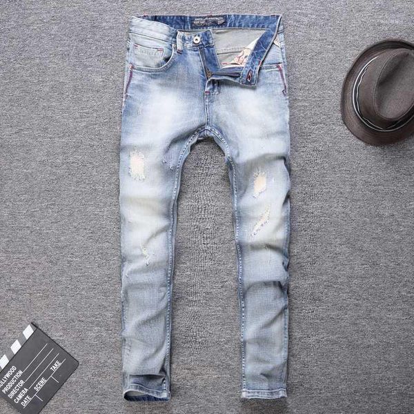 

italian style fashion men jeans slim fit light blue ripped jeans men vintage denim pants streetwear hip hop homme1