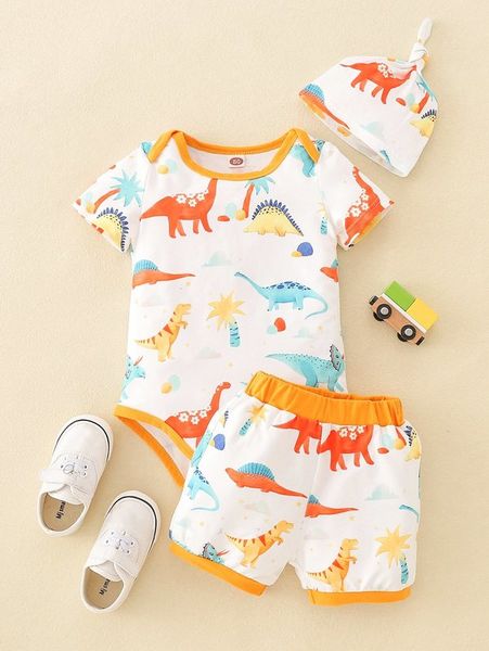 

baby dinosaur & coconut tree print bodysuit & shorts with hat she01, White