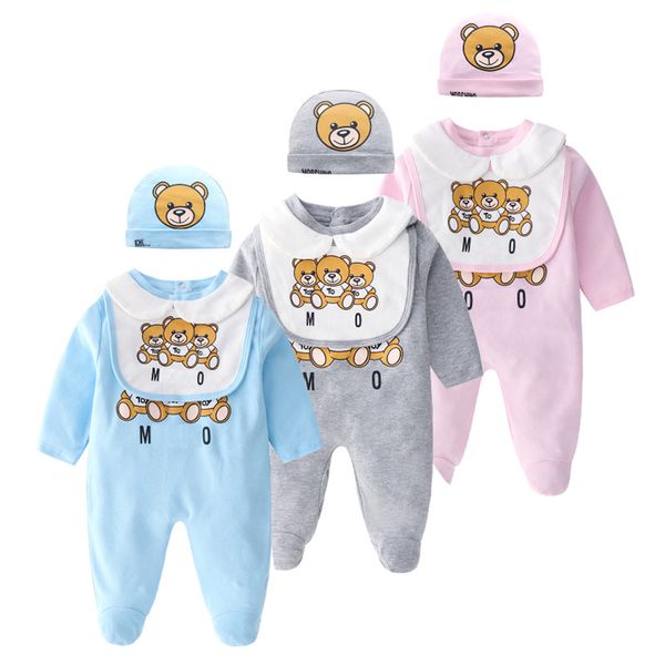 

retail newborn baby onesies 2pcs set with cap cotton bear printed jumpsuit one-piece onesies jumpsuits toddle infant kids designer clothes, Blue
