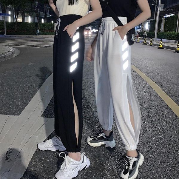 

women's pants & capris 2021 high-waisted slim harem reflective disco thin drape ripped pockets white leggings women sport pants1, Black;white