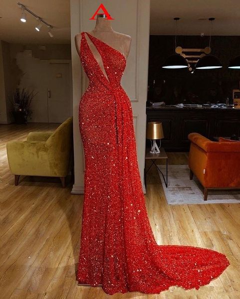 vermelho bling bling New Arrival um ombro Red Mermaid Dresses Prom ruched 2020 alta lado separação formal Evening vestidos de robe de soiree