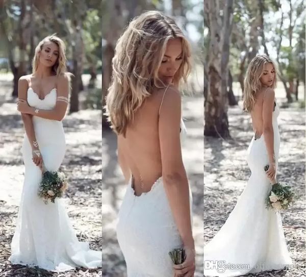 Country Sexy Backbloet Trupet Wedding Платья Spaghetti Ремешок Полное кружевное Свадебное платье Дешевые Русалка Разведка Открыть обратно Boho Bridal Платье BA1596